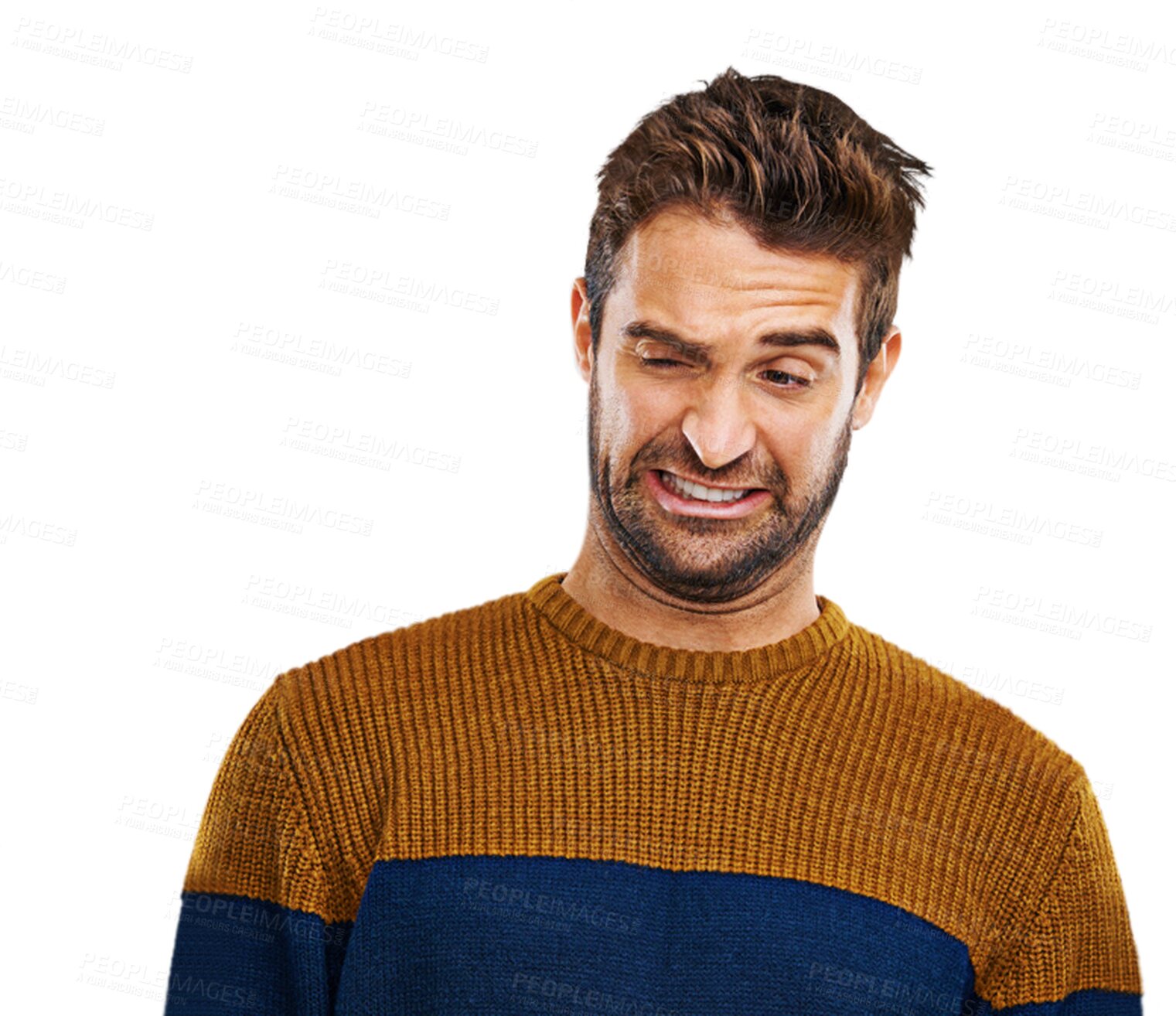 Buy stock photo Disgust, face and man with expression to gross announcement on isolated, transparent and png background. Ew, reaction and male person showing ew, smirk or emoji to tmi, gossip or bad news rumor