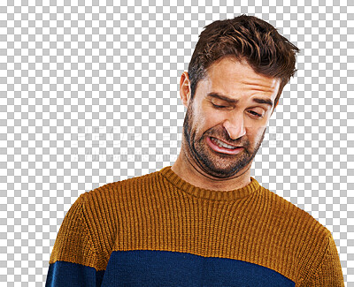 Buy stock photo Wtf, face and man with disgust, expression or reaction on isolated, transparent and png background. Comic, attitude and male person hearing fake news, gossip or drama, rumor or bad information