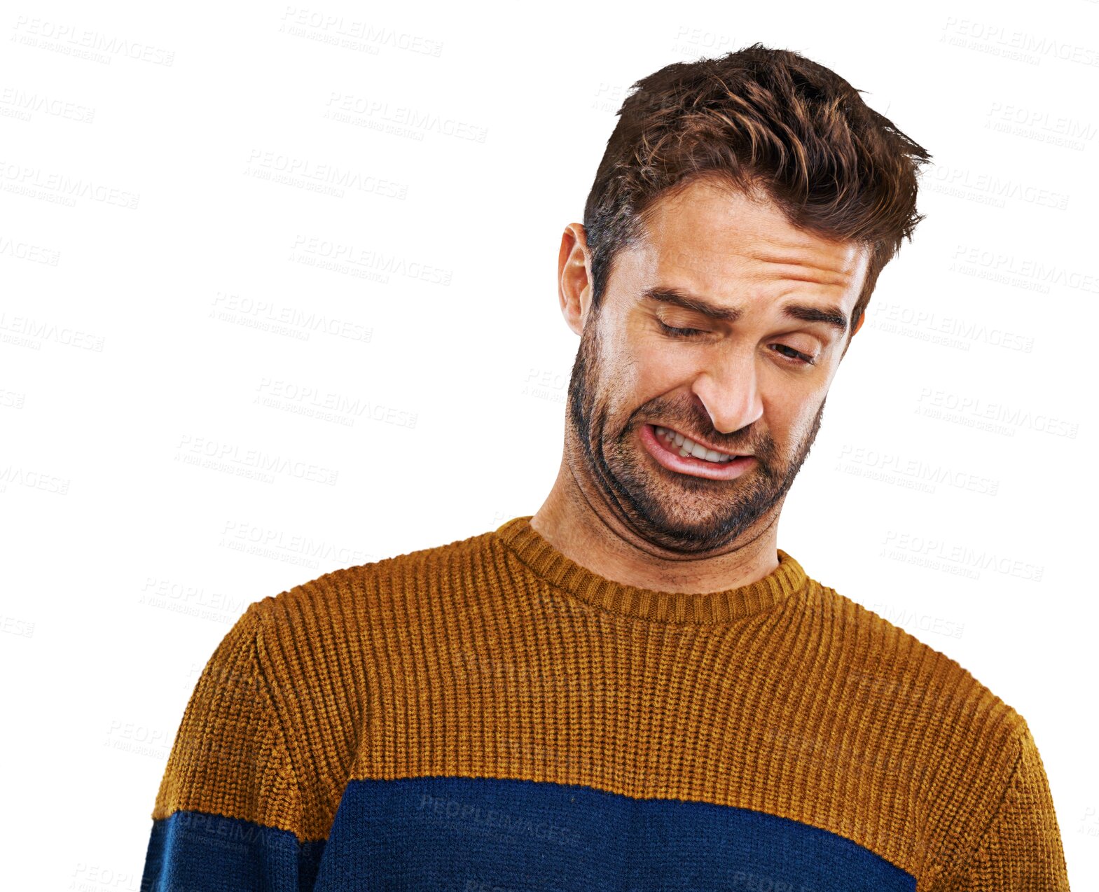 Buy stock photo Wtf, face and man with disgust, expression or reaction on isolated, transparent and png background. Comic, attitude and male person hearing fake news, gossip or drama, rumor or bad information