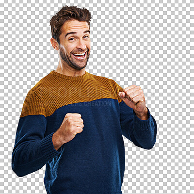 Buy stock photo Celebrate, portrait and man winner with dance fist on isolated, transparent or png background. Face, success and funny male person dancing in celebration of good news, sale or deal and announcement 