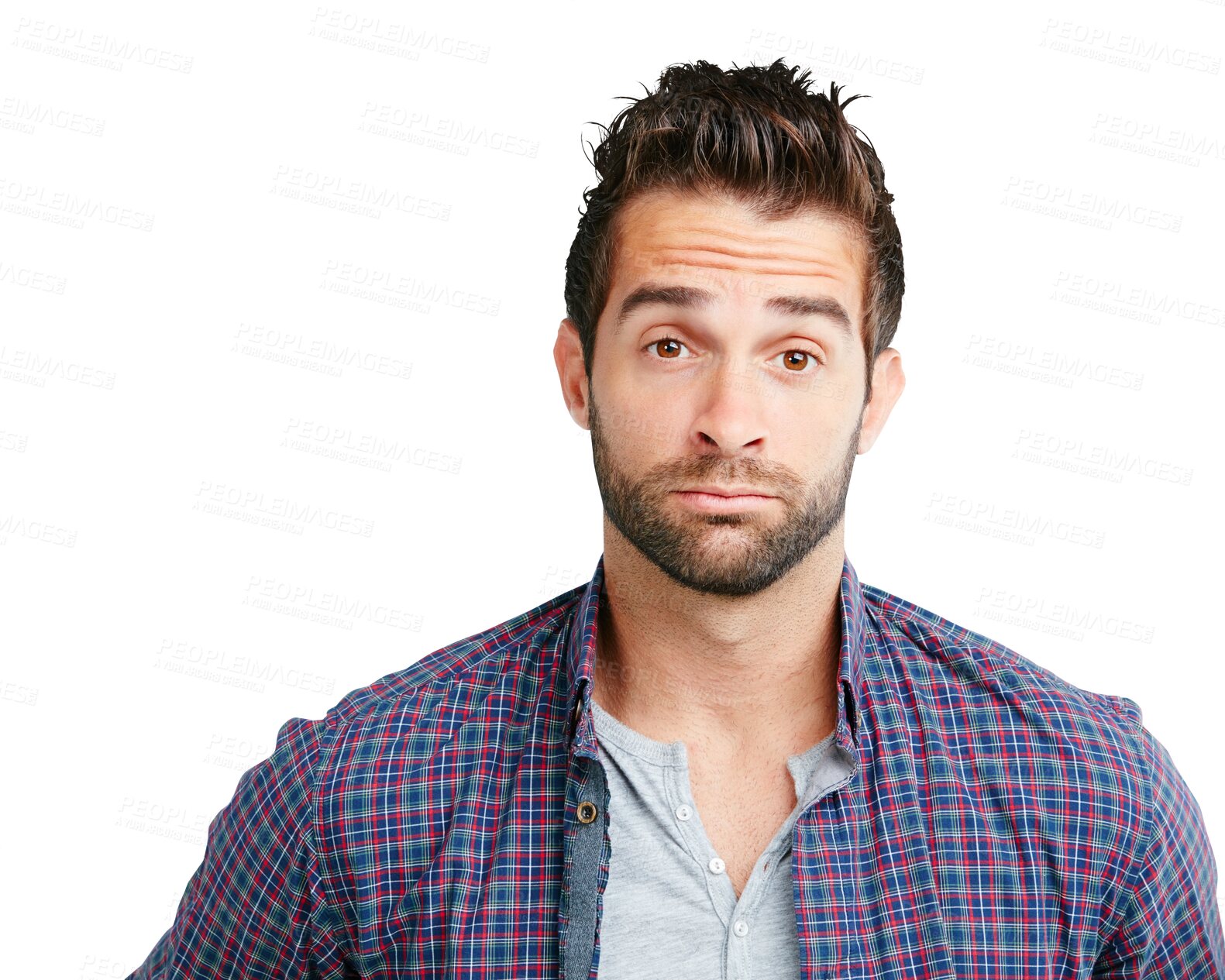 Buy stock photo Serious, sad and portrait of a man in a shirt with a problem, anxiety or looking sick. Depression, mental health and a person with fear, tired or depressed isolated on a transparent png background