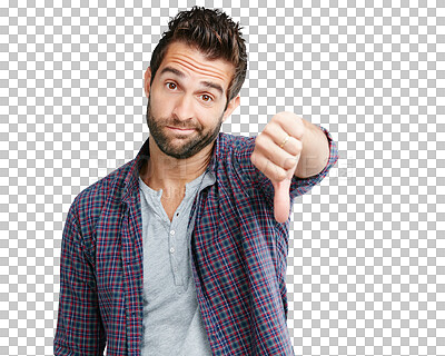 Buy stock photo Isolated man, portrait and reject with thumbs down, sign language and choice by transparent png background. Young guy, negative and dislike with icon, hand emoji and wrong decision with bad review