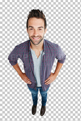 Buy stock photo Portrait, fashion or designer clothes with a man in a shirt isolated on a transparent background for style. Smile, trendy or casual with a happy and handsome young male model posing on PNG from above