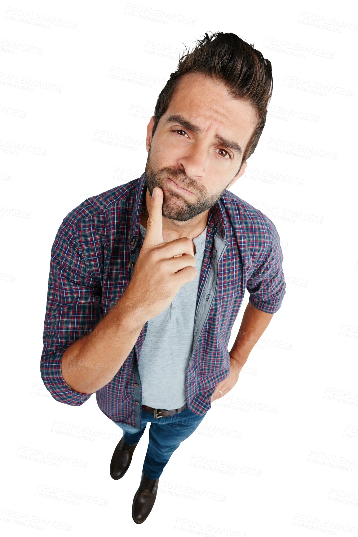Buy stock photo Top view, portrait and man with doubt, confused and model isolated against a transparent background. Male person, thinking or guy with ideas, question and problem solving with png, solution and emoji