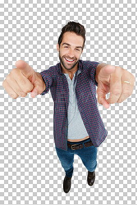 Buy stock photo Portrait, pointing and review with a man in a shirt isolated on a transparent background for a decision. Smile, choice or vote with a happy and handsome young male person on PNG to point at you