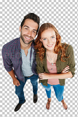 Buy stock photo Portrait, fashion and love with a trendy couple isolated on a transparent background together. Relationship, happy or smile with a fashionable man and woman bonding on PNG while dating from above