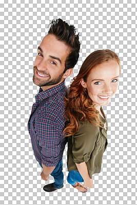 Buy stock photo Happy, together and above of a couple portrait for love, care and happiness in relationship. Smile, young and a man and woman standing with confidence isolated on a transparent png background