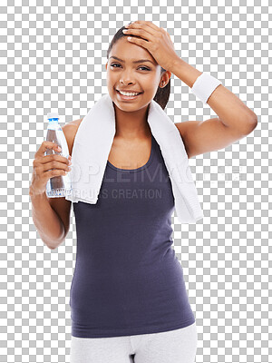 Buy stock photo Happy woman, tired and portrait with water in fitness for hydration isolated on a transparent PNG background. Fit, active or exhausted female person smiling with sweat towel and liquid bottle in rest