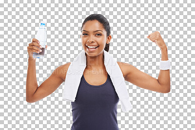 Buy stock photo Portrait, winner and arms with a sports woman isolated on a transparent background for health or fitness. Exercise, smile and strong with a happy young female athlete flexing her biceps on PNG