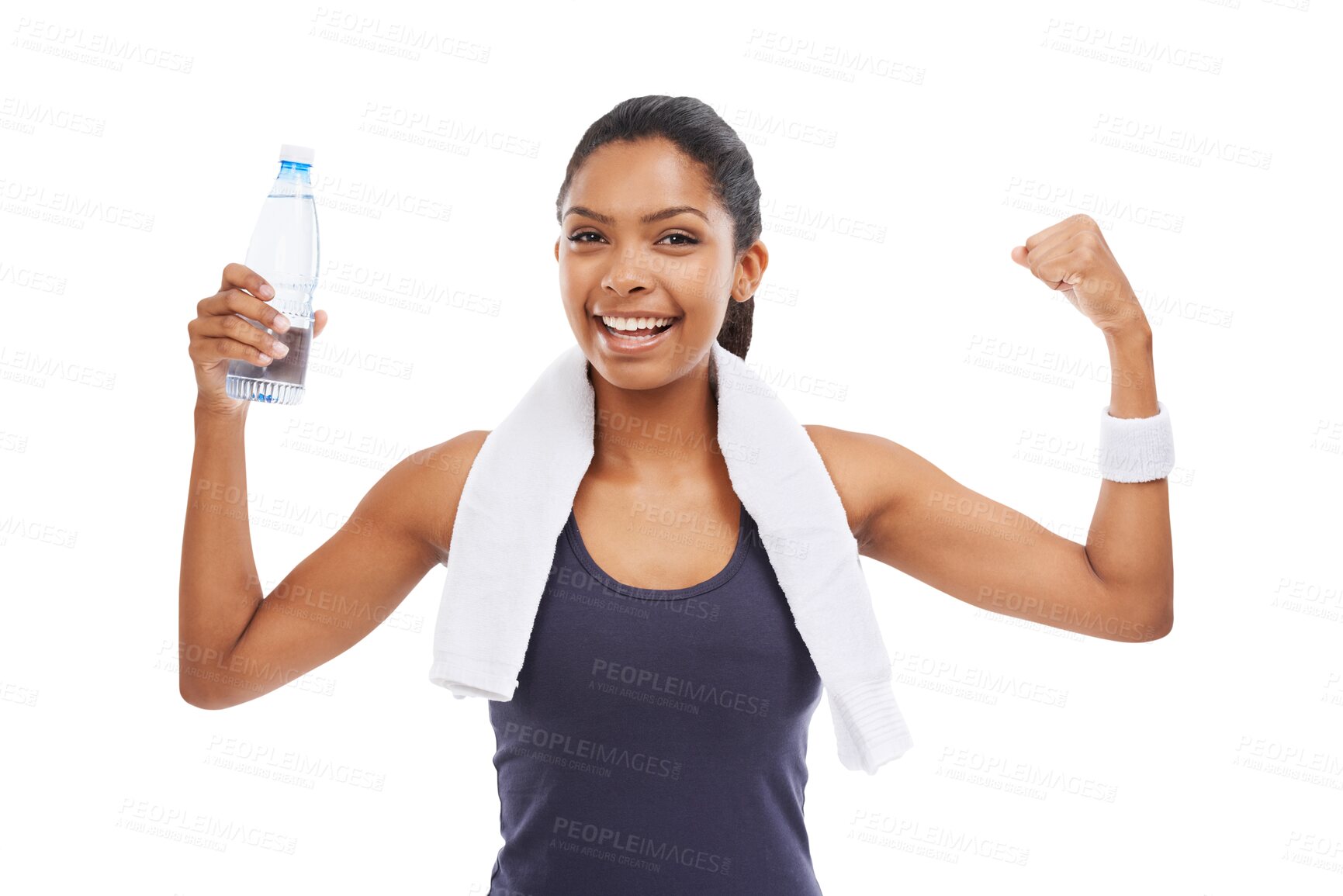 Buy stock photo Portrait, winner and arms with a sports woman isolated on a transparent background for health or fitness. Exercise, smile and strong with a happy young female athlete flexing her biceps on PNG