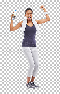 Buy stock photo Fitness, portrait and woman success, winning or celebrate for body goals, diet or health training. Excited, celebration and exercise of young african person isolated on transparent png background