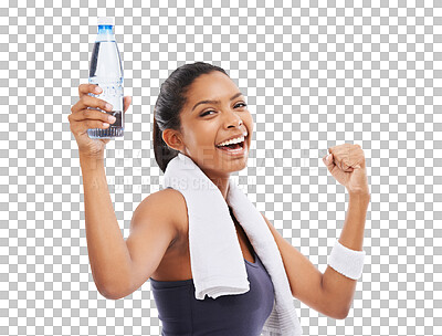 Water, bottle, black woman portrait and of a athlete in a gym after workout  and sport. Hydration, d Stock Photo by YuriArcursPeopleimages