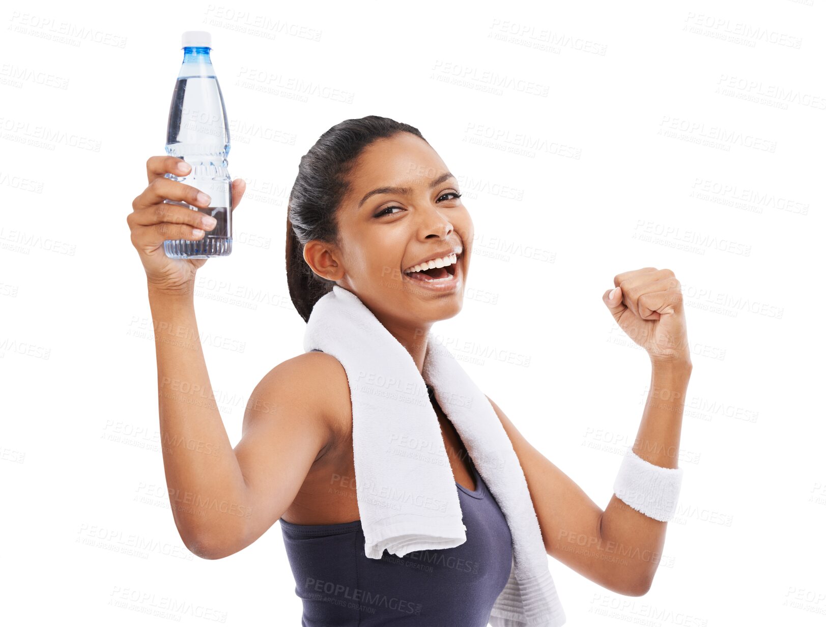 Buy stock photo Isolated woman, bottle and celebration in fitness portrait, smile and pride by transparent png background. Girl, model or personal trainer with water for hydration with exercise, workout and goals