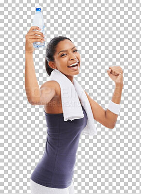 Buy stock photo Isolated woman, bottle and celebration in exercise portrait, smile and pride by transparent png background. Girl, model or personal trainer with water for hydration with wellness, fitness and goals