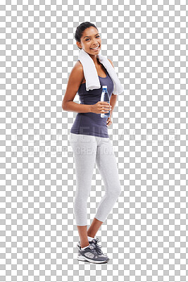 Buy stock photo Fitness, portrait and woman with water bottle on break standing isolated on a transparent PNG background. Full body of fit, active and happy female person with natural liquid after workout exercise