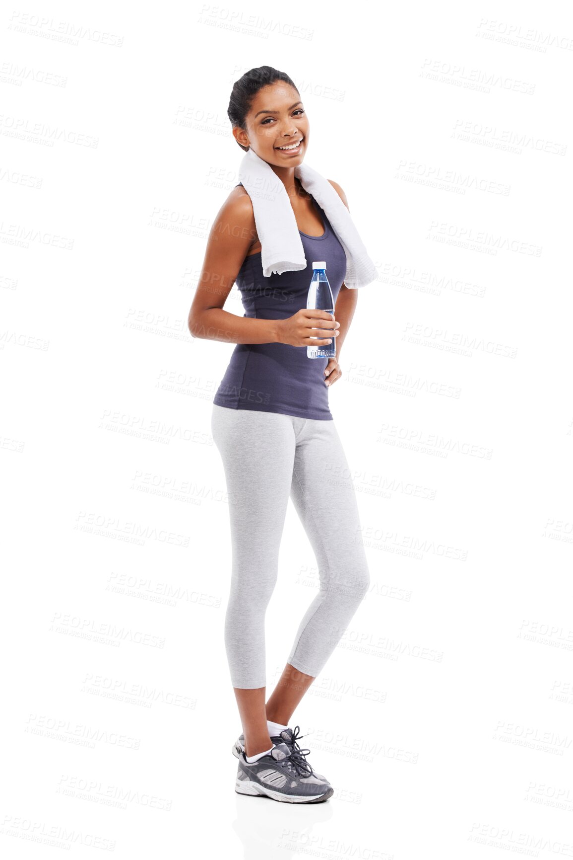 Buy stock photo Fitness, portrait and woman with water bottle on break standing isolated on a transparent PNG background. Full body of fit, active and happy female person with natural liquid after workout exercise