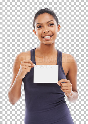 Buy stock photo Mockup, smile and portrait of a woman with card for fitness information and gym contact. Training, promotion and a girl showing blank paper for sports details isolated on a transparent png background