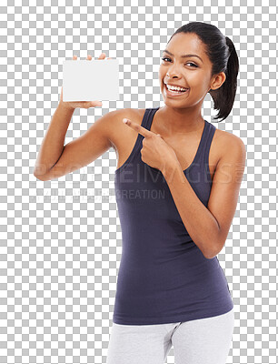 Buy stock photo Fitness, portrait and woman pointing at card isolated on a transparent png background. Poster, sports and happy athlete point at marketing, advertising or branding, commercial or workout promotion.