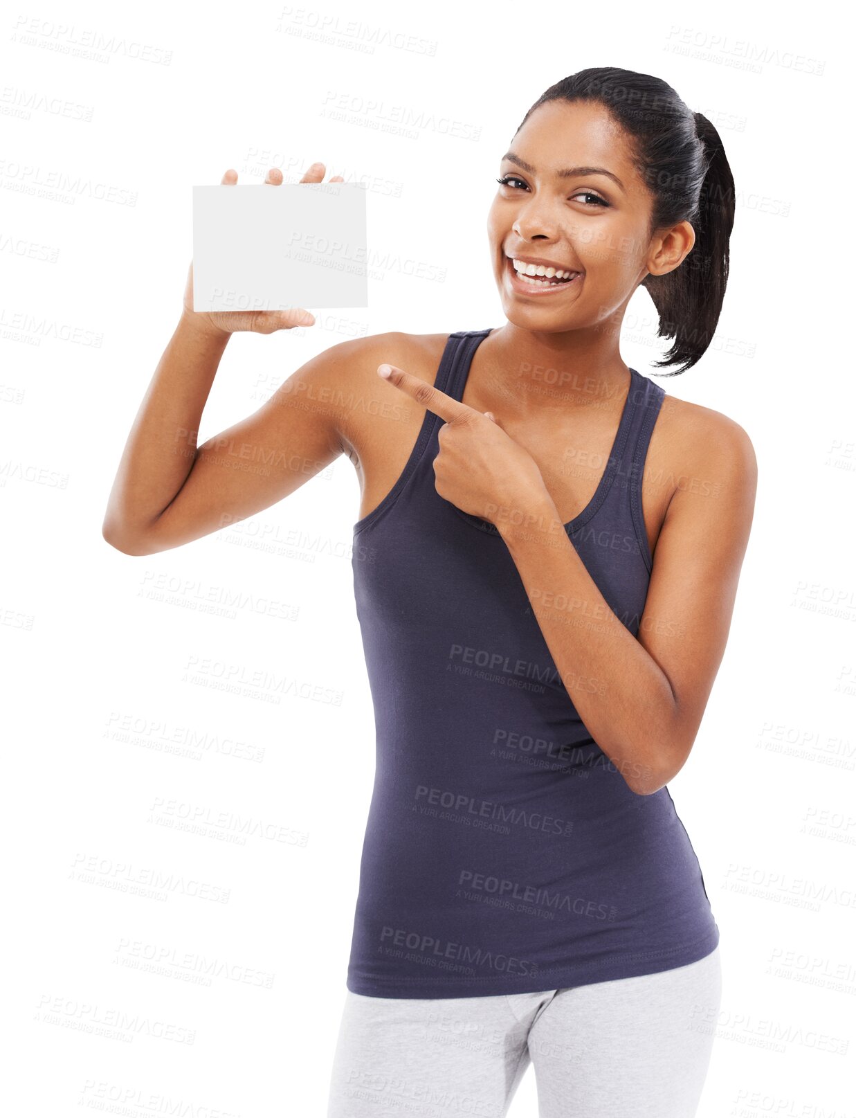 Buy stock photo Fitness, portrait and woman pointing at card isolated on a transparent png background. Poster, sports and happy athlete point at marketing, advertising or branding, commercial or workout promotion.