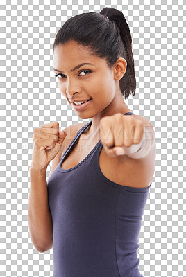 Buy stock photo Fitness, portrait of a black woman punch and isolated against a transparent png background for training. Motivation or workout, exercise or sports and African female athlete strong with hand fist