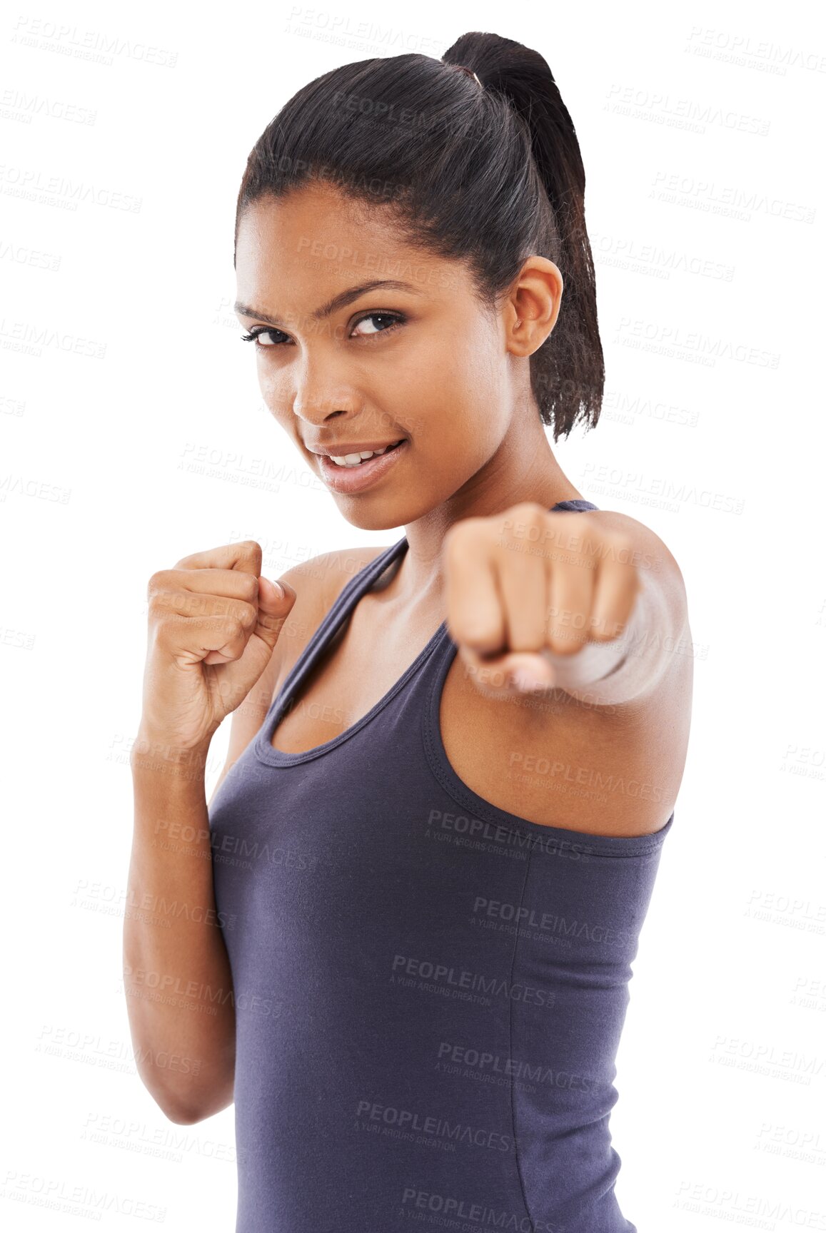 Buy stock photo Fitness, portrait of a black woman punch and isolated against a transparent png background for training. Motivation or workout, exercise or sports and African female athlete strong with hand fist