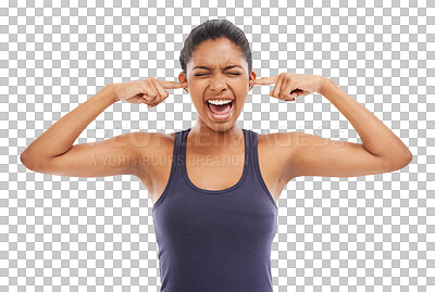 Buy stock photo Cover ears, scream and frustrated face of a woman with stress, depression or mental health problem. Headshot of angry african person blocking sound or noise isolated on a transparent png background