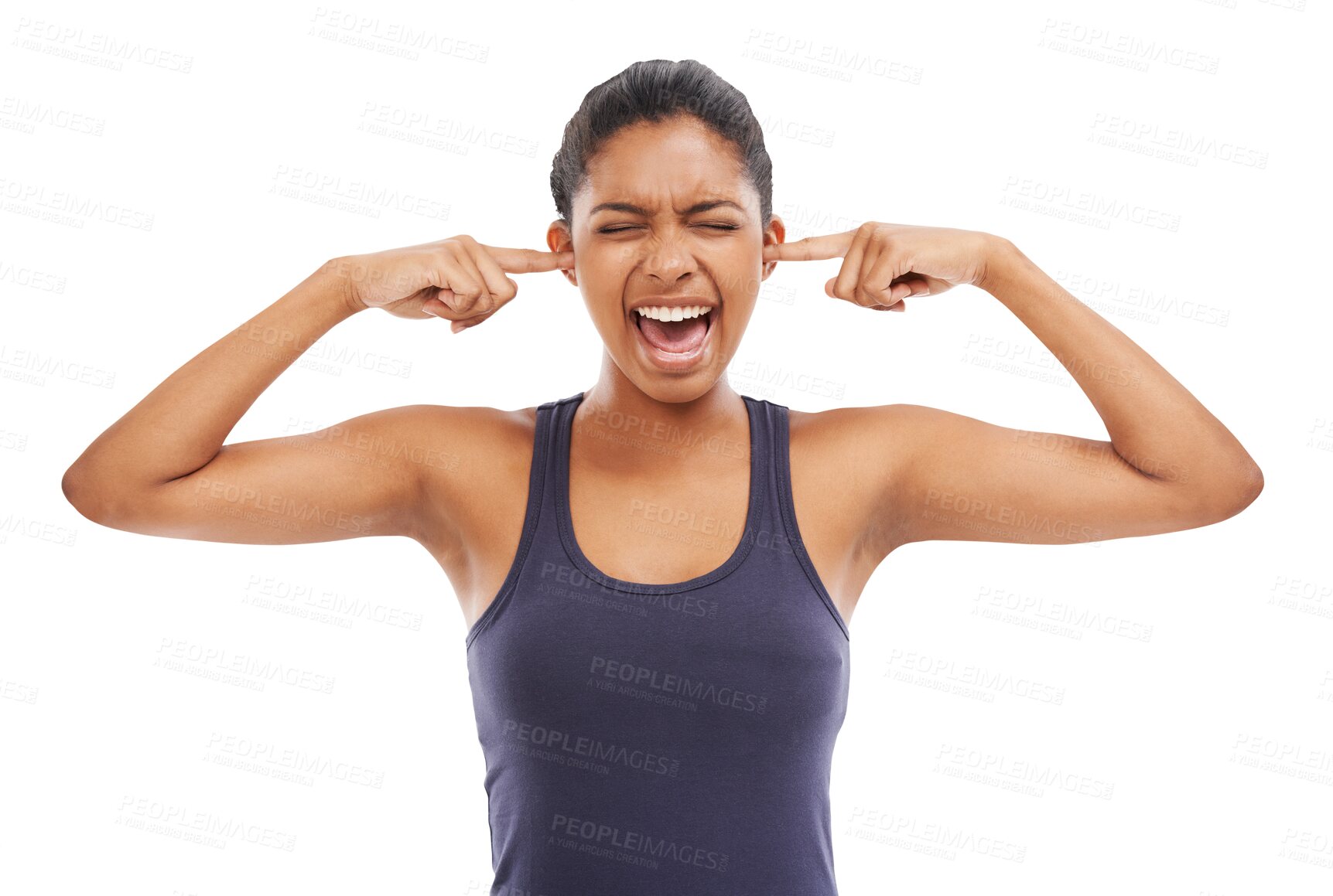 Buy stock photo Cover ears, scream and frustrated face of a woman with stress, depression or mental health problem. Headshot of angry african person blocking sound or noise isolated on a transparent png background