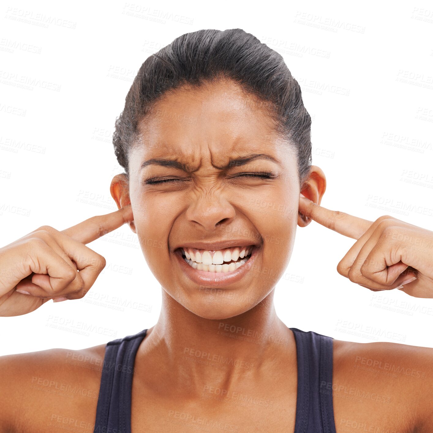 Buy stock photo Cover ears, teeth and frustrated face of a woman with stress, depression or mental health problem. Headshot of angry african person block loud sound or noise isolated on a transparent png background