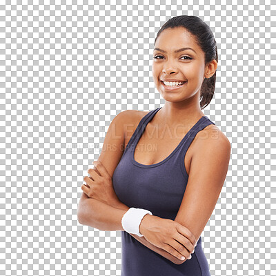 Buy stock photo Fitness, portrait and happy woman with arms crossed isolated on a transparent png background. Face, sports or smile of confident athlete from South Africa ready to start training, workout or exercise