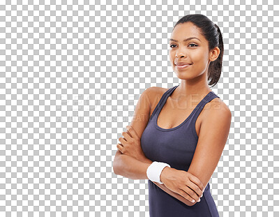 Buy stock photo Thinking, fitness and woman with arms crossed isolated on a transparent png background. Confidence, sports and African athlete ready to start training, exercise and workout for health and wellness