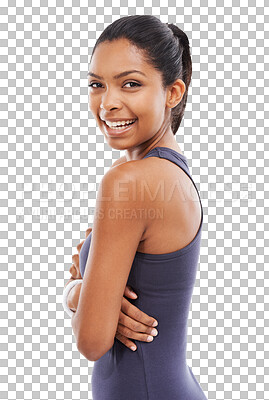 Buy stock photo Fitness, portrait and happy woman with arms crossed isolated on a transparent png background. Face, sports and confident athlete from South Africa ready to start training, exercise and health workout