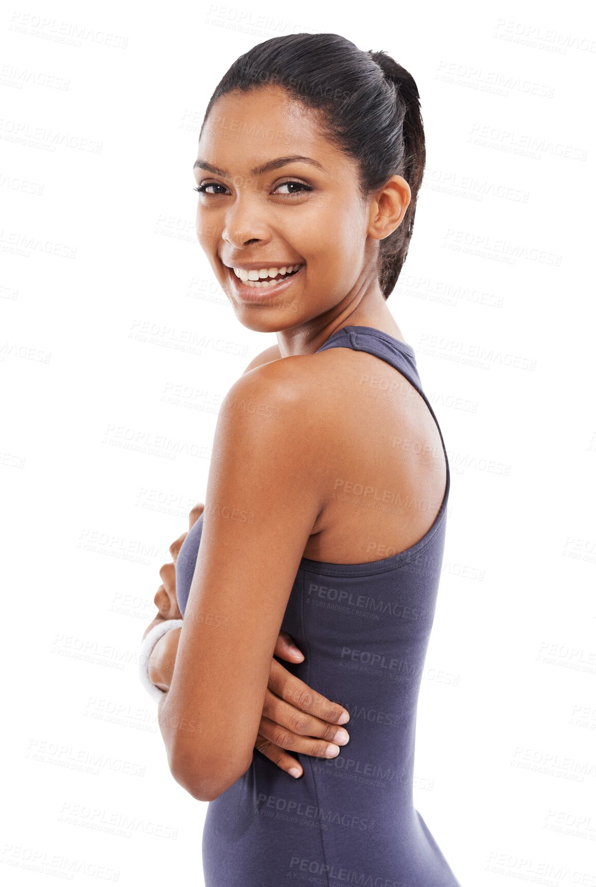 Buy stock photo Fitness, portrait and happy woman with arms crossed isolated on a transparent png background. Face, sports and confident athlete from South Africa ready to start training, exercise and health workout