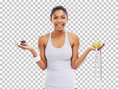 Buy stock photo Isolated woman, cupcake and apple with decision, nutrition and portrait by transparent png background. Girl, model and excited for choice with healthy fruit, candy or happy with mindset for diet goal