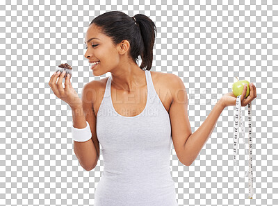 Buy stock photo Tape measure, apple or happy woman with muffin choice for a healthy snack, diet nutrition or junk food. Decision, lose weight or girl eating a cupcake or fruit isolated on transparent png background