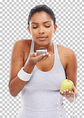 Buy stock photo Tape measure, apple or black woman eating cupcake for a healthy snack, diet nutrition or junk food. Decision, lose weight or hungry girl fruit or muffin choice isolated on transparent png background