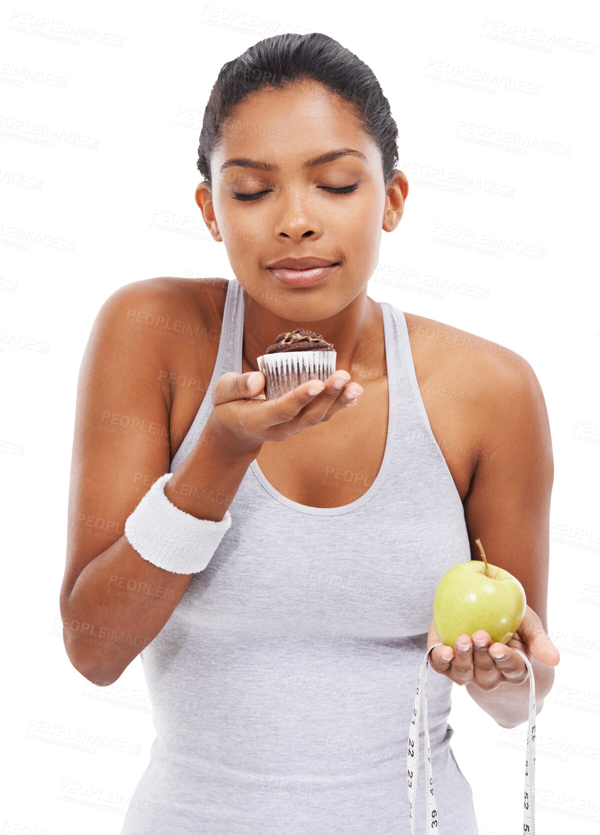 Buy stock photo Tape measure, apple or black woman eating cupcake for a healthy snack, diet nutrition or junk food. Decision, lose weight or hungry girl fruit or muffin choice isolated on transparent png background