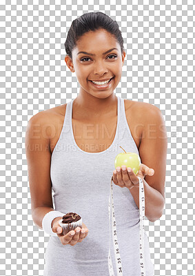 Buy stock photo Tape measure, apple or portrait of happy woman with cupcake choice for healthy diet or junk food. Decision, lose weight or fit girl with fruit or muffin option isolated on transparent png background