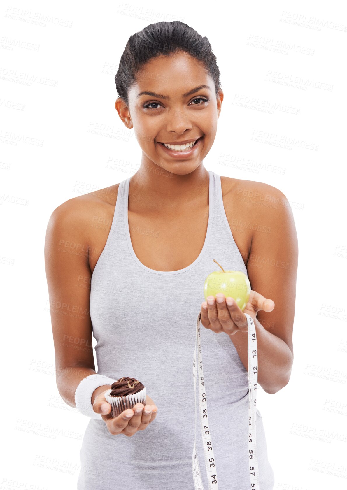 Buy stock photo Tape measure, apple or portrait of happy woman with cupcake choice for healthy diet or junk food. Decision, lose weight or fit girl with fruit or muffin option isolated on transparent png background