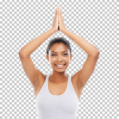 Buy stock photo Happy, woman or portrait of pose in yoga, stretching or exercise for wellness and balance on transparent, isolated or png background. Smile, face and female athlete relax in stretch, hands above head