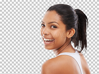 Buy stock photo Isolated fitness woman, portrait and smile for exercise, workout and self care by transparent png background. Girl, model or personal trainer with excited face, happy and pride for wellness training