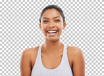 Buy stock photo Fitness, portrait or happy woman laughing after workout, exercise or training for wellness alone. Face of person, funny sports girl or excited athlete smiling isolated on transparent png background