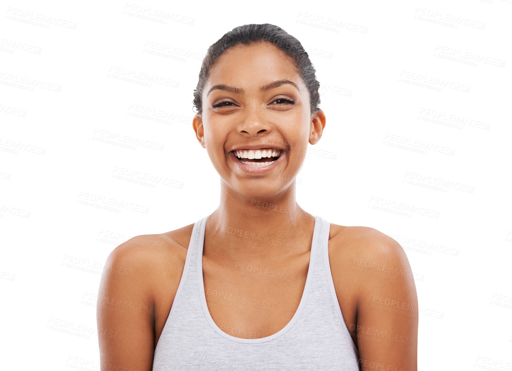 Buy stock photo Fitness, portrait or happy woman laughing after workout, exercise or training for wellness alone. Face of person, funny sports girl or excited athlete smiling isolated on transparent png background