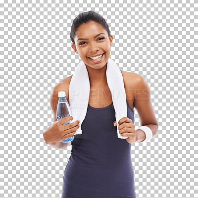 Buy stock photo Portrait, workout and water with a sports woman isolated on a transparent background for hydration during fitness. Training, towel and bottle with a happy young female athlete on PNG for exercise