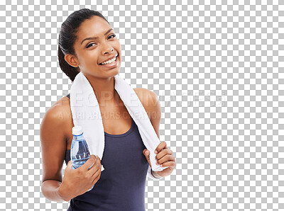 Buy stock photo Portrait, exercise and water with a sports woman isolated on a transparent background for hydration during a workout. Fitness, towel and bottle with a happy young female athlete on PNG for training