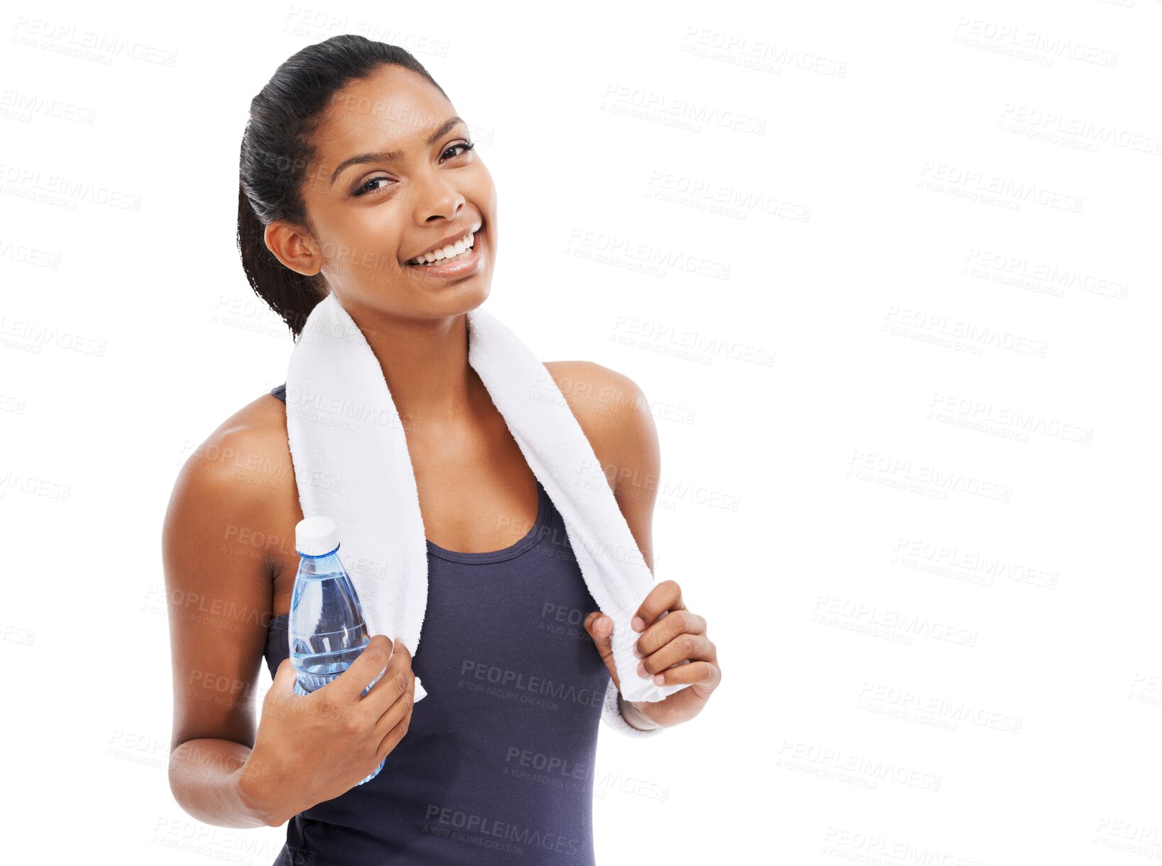 Buy stock photo Portrait, exercise and water with a sports woman isolated on a transparent background for hydration during a workout. Fitness, towel and bottle with a happy young female athlete on PNG for training