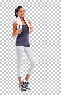 Buy stock photo Fitness, portrait or happy woman with water bottle after workout, exercise or training for wellness. Full body, sports girl or excited athlete smiling on break isolated on transparent png background