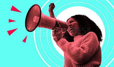 Buy stock photo Megaphone, protest and woman fist isolated on blue background for human rights, strong opinion or broadcast. Speech, noise and african person with power, call to action and red warning on digital art