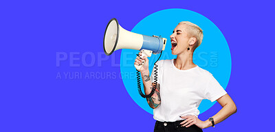 Buy stock photo Megaphone, announcement and woman voice isolated on blue background, banner and speaking, news or broadcast. Speech, opinion and gen z person in studio, mockup and call to action, protest or change