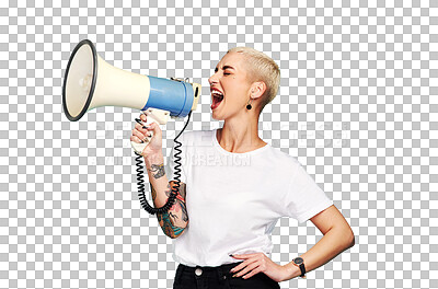 Buy stock photo Megaphone, broadcast and woman voice isolated on transparent png background for speaking, protest or vote. Freedom of speech, strong opinion and gen z person in call to action, human rights or change