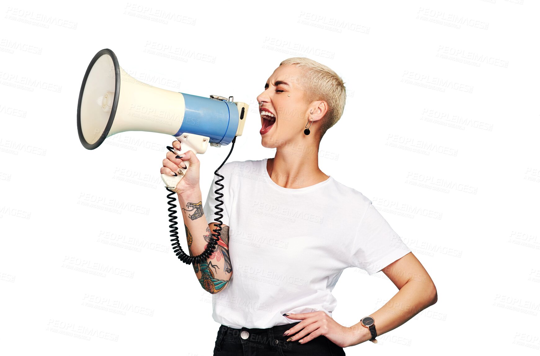 Buy stock photo Megaphone, broadcast and woman voice isolated on transparent png background for speaking, protest or vote. Freedom of speech, strong opinion and gen z person in call to action, human rights or change